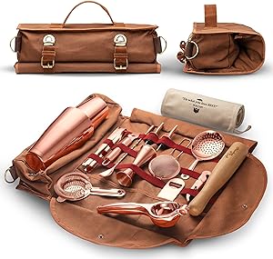 Travel Bartender Kit Bag | Professional 17-Piece Silver Bar Tool Set with Portable Bar Bag